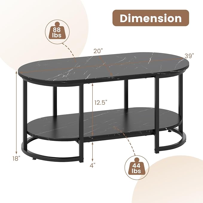 Giantex 2-Tier Coffee Table, Oval Center Table with Faux Marble Top & Open Storage Shelf, Modern Accent Table with Heavy Duty Metal Frame, Cocktail Table for Living Room Reception (Black Marble)