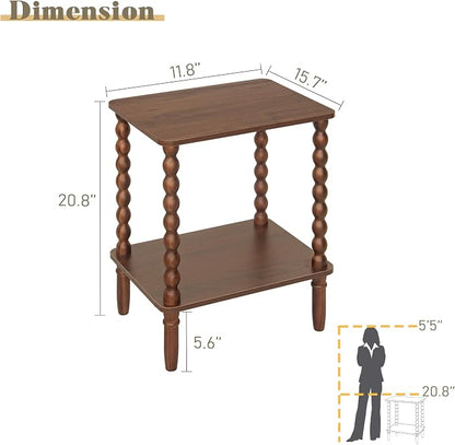 Fultyle Small Side Table, Walnut End Table with 2-Tier Shelf, Vintage Nightstand Coffee Table for Bedroom, Living Room, Small Spaces (Walnut Brown)