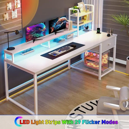 55 Inch White Computer Desk with Drawers and Hutch,Reversible Home Office Desk with Monitor Shelf,Gaming Desks with USB Power Outlets&Storage,Writing Study Table for Bedroom with LED Lights,White
