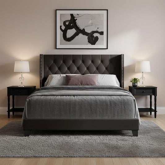HOME DESIGN Homer Queen Tufted Wingback Upholstered Panel Bed with 2 Matching 1 Drawer Nightstands, Bedroom Furniture Set with Open Shelf Storage, Brown Black