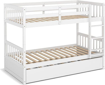 KOMFOTT Wood Twin Over Twin Bunk Bed with Trundle, Solid Pine Wood Bunk Bed Frame with Ladder & Safety Guardrails, Space-Saving Convertible Twin Bed Frame for Home & Dormitory, No Box Spring Needed