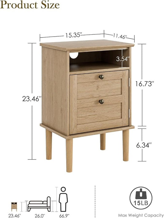 Nightstand, Boho Night Stand with 1 Drawer, Modern Side Accent Table with Open Shelf, Wooden Top Bedside End Table for Bedroom, Living Room, Natural