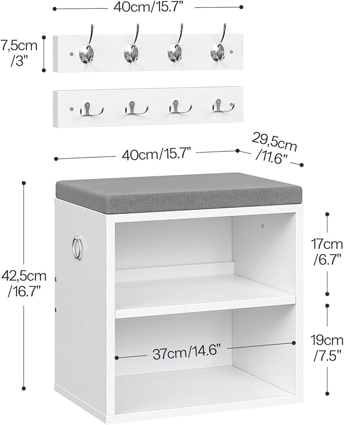 HOOBRO Shoe Storage Bench with Cushion, Entryway Bench with Coat Rack Set, Small Shoe Storage Organizer with Adjustable Shelf, for Narrow Hallway Foyer, Bedroom, White and Gray WG28HX01