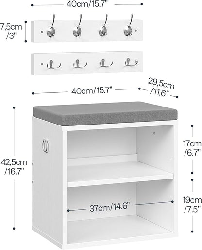 HOOBRO Shoe Storage Bench with Cushion, Entryway Bench with Coat Rack Set, Small Shoe Storage Organizer with Adjustable Shelf, for Narrow Hallway Foyer, Bedroom, White and Gray WG28HX01