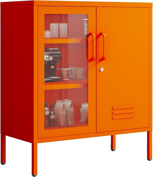 Storage Cabinet with Adjustable Shelves for Bathroom Living Room Foyer Kitchen Left Glass Door and Right Iron Door Orange Size：33" H x 29.5" W x 13.8" D