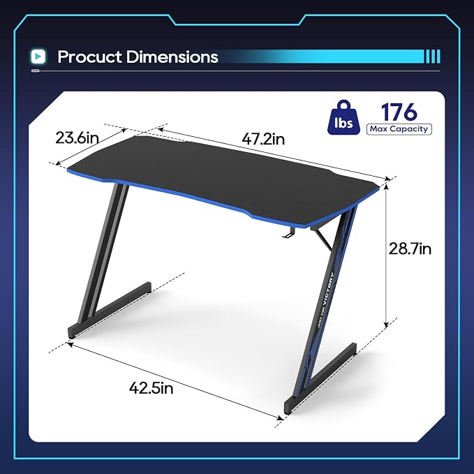 BestOffice Gaming Desk Z Shaped 47 inch PC Computer Desk Computer Workstation Ergonomic Gaming Table with Headphone Hook for Game Players, Black&Blue