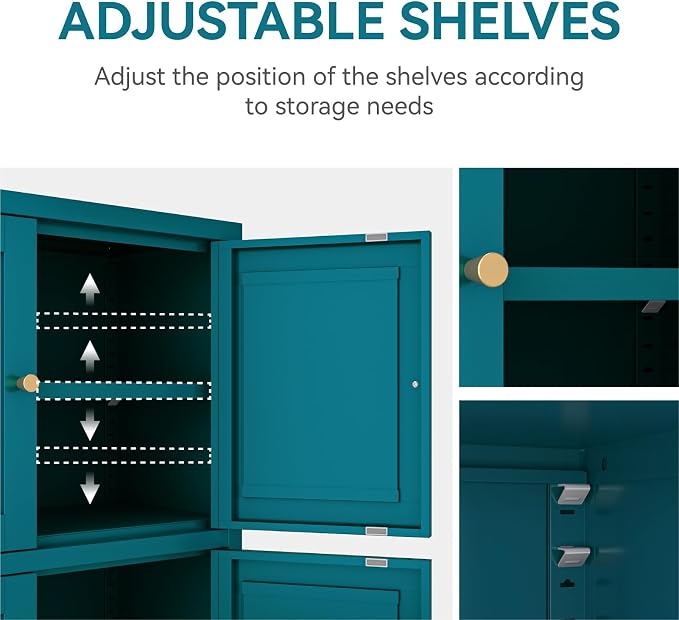 Metal Bathroom Storage Cabinet, Freestanding Pantry Floor Cabinet with 4 Doors and 2 Adjustable Shelves for Living Room, Dining Room, Kitchen (Blue, 43.3" H-4 Doors)