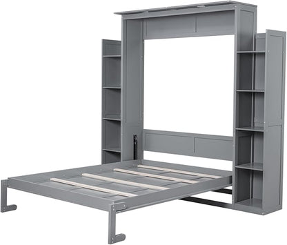 MERITLINE Queen Murphy Bed with Storage and LED Lights, Wood Grey Murphy Wall Bed Cabinet with Shelves Bookcase Bookshelf for Adults (Grey,Queen)