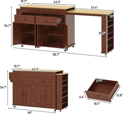 80"-48" Extendable Kitchen Island with Extended Dining Table and Power Outlet,Large Mobile Kitchen Storage Islands with 2 Storage Drawers,Rolling Islands Cart with 3 Extra Rows Open Shelves(Brown)