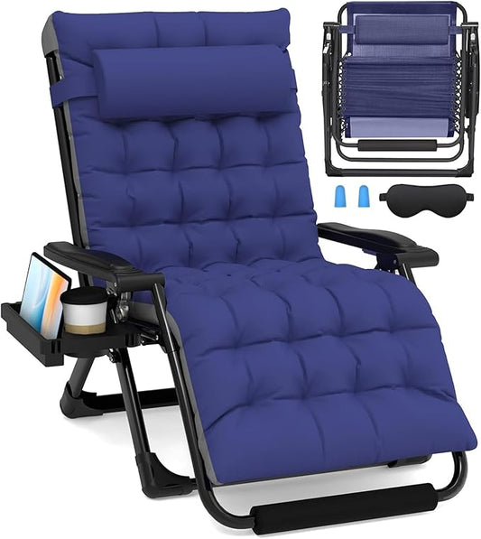 Slendor Zero Gravity Chair Oversized, 33In XXL Reclining Lounge Chair with Removable Cushion, Cup Tray, Footrest, Folding Reclining Camping Patio Recliner Chair w/Upgraded Lock,Blue