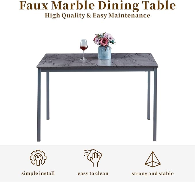 Faux Marble Dining Table for 4, Modern Kitchen & Dining Room Table for 4, Rectangular Dinner Table for Small Space, Grey