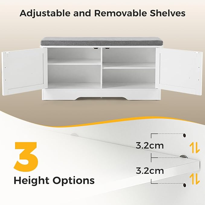 39" Shoe Bench, with Storage with Padded Seat Cushion, Modern 4-Door Shoe Cabinet with Adjustable Shelf for Entryway, Bedroom, Living Room, White
