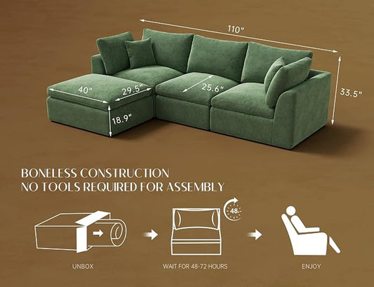 ohllob 110" Cloud Sectional Couches for Living Room, Boneless L-Shape Couch with Ottoman, 3 Seater Modular Sectional Sofa, Green