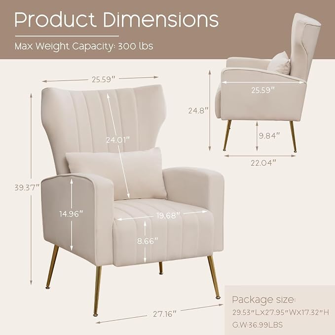 Velvet Accent Chair Set of 2,Wingback Armchair for Living Room, HighBack Reading Chair with Golden Legs Lumbar Pillow, Upholstered Single Sofa Comfy for Bedroom, Apartment, Small Spaces Beige