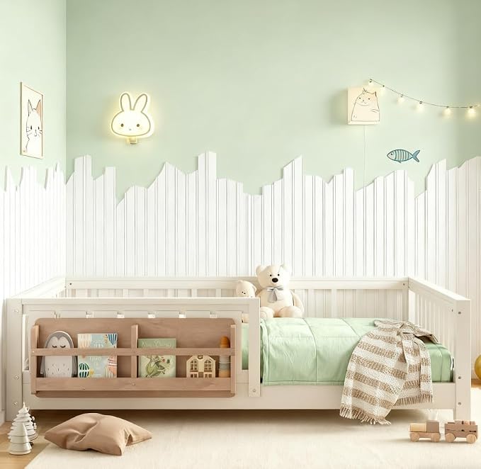 Bellemave Full Size Floor Bed with high Rails and with Built-in Bookshelf for Kids, Girls, Boys, Wood Montessori Floor Bed Without Door, Beige