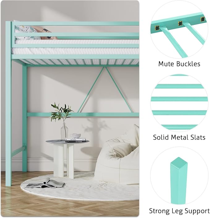 SHA CERLIN Loft Bed Twin Size with Ladder and Guardrail,Aqua Blue | Heavy Duty Metal Slats Support,No Box Spring Needed,Small Space Saving Furniture for Bedroom Dorm