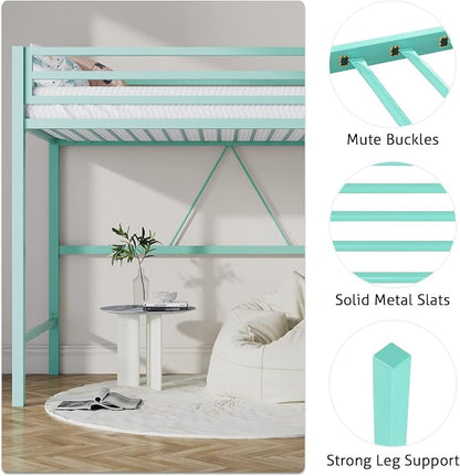 SHA CERLIN Loft Bed Twin Size with Ladder and Guardrail,Aqua Blue | Heavy Duty Metal Slats Support,No Box Spring Needed,Small Space Saving Furniture for Bedroom Dorm