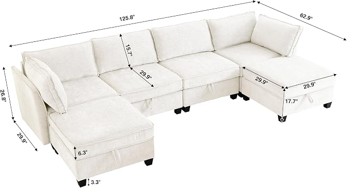 ORRD Oversize Modular Sectional Sofa Set, Convertible U Shaped Couch with Storage, 6 Seater Sofa Modular with Ottomans and Reversible Chaise for Living Room, Office (Beige)