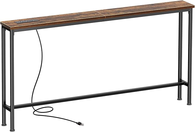 SUPERJARE 51.2 Inch Sofa Table with Power Outlet and USB-C Port, 5.9 Inch Narrow Console Table, Entryway Hallway Couch Table with Storage, Behind Sofa, Small Spaces, Living Room, Rustic Brown