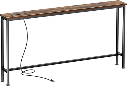 SUPERJARE 51.2 Inch Sofa Table with Power Outlet and USB-C Port, 5.9 Inch Narrow Console Table, Entryway Hallway Couch Table with Storage, Behind Sofa, Small Spaces, Living Room, Rustic Brown