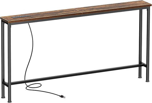 SUPERJARE 51.2 Inch Sofa Table with Power Outlet and USB-C Port, 5.9 Inch Narrow Console Table, Entryway Hallway Couch Table with Storage, Behind Sofa, Small Spaces, Living Room, Rustic Brown