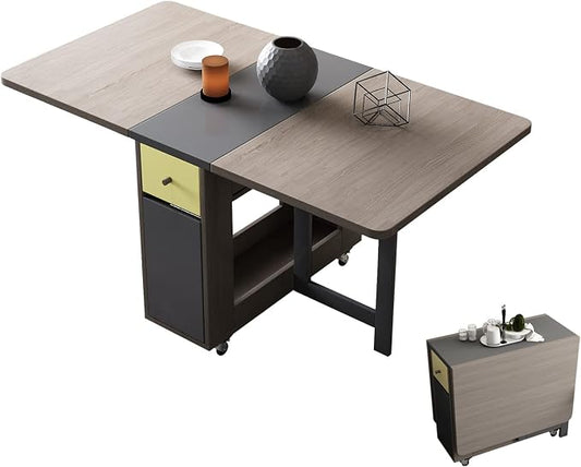 FUNROLUX Folding Dining Table with Storage Rack and 2 Drawers, Movable Kitchen Table Extendable Versatile Table Space Saving Foldable in 3 Forms (Grey)