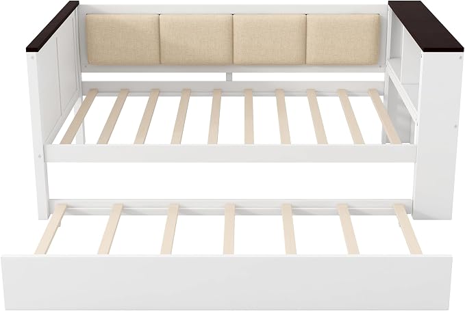 Bellemave Twin Size Corner Bed Frame with Storage Shelves and Trundle, Wood Twin Daybed with Bookcase and USB and Upholstered Backrest, White