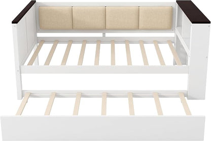 Bellemave Twin Size Corner Bed Frame with Storage Shelves and Trundle, Wood Twin Daybed with Bookcase and USB and Upholstered Backrest, White