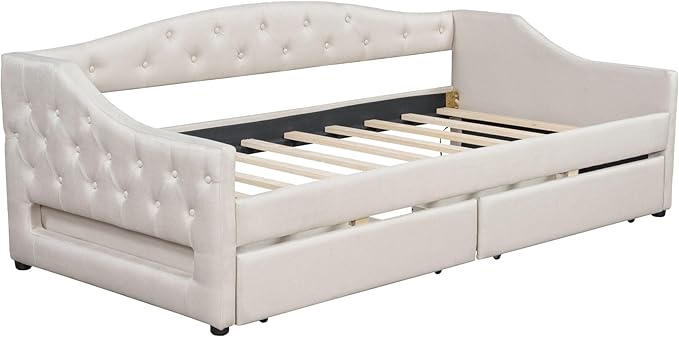 Merax Modern Upholstered Platform Bed Frame with Storage Drawers, Linen Sofa Day Bed, No Box Spring Needed/Easy Assemble/Twin XL, Beige
