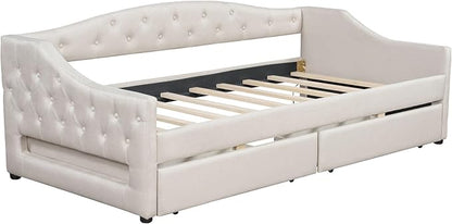 Merax Modern Upholstered Platform Bed Frame with Storage Drawers, Linen Sofa Day Bed, No Box Spring Needed/Easy Assemble/Twin XL, Beige