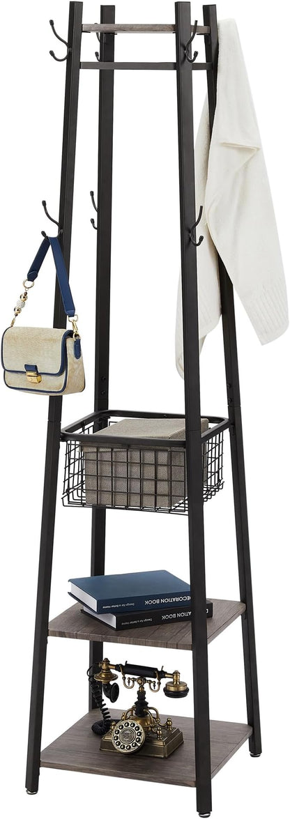 VECELO Industrial Coat Rack,Enterway Clothes Stand with 2 Tier Storage Shelves and Metal Basket,Upgrade Hall Trees with 8 Dual Hooks,Antique Brown
