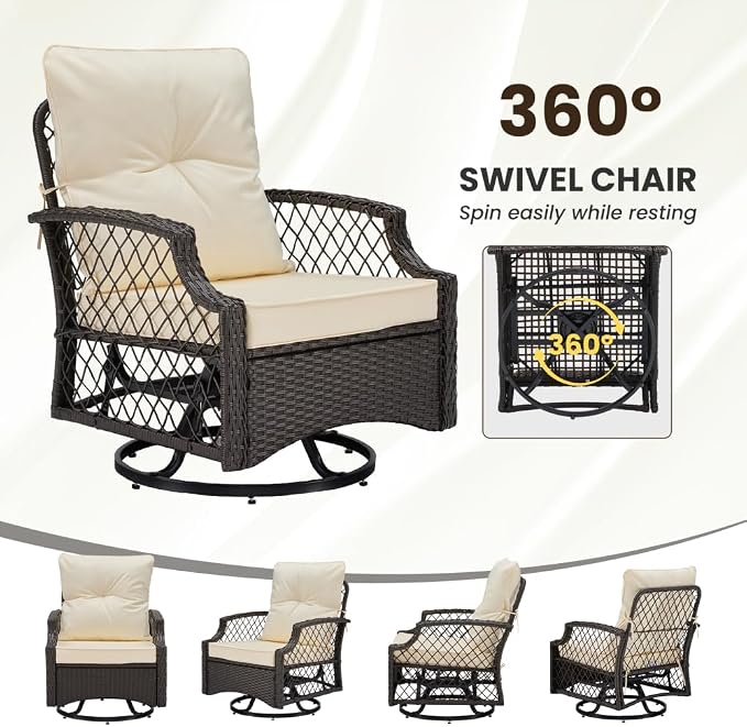 3-Piece Patio Furniture Set, Wicker Outdoor Bistro Set Swivel Glider Patio Chairs x 2 with Cushions, High Back All-Weather Rattan Outdoor Furniture for Porch, Backyard (Beige + Wicker)
