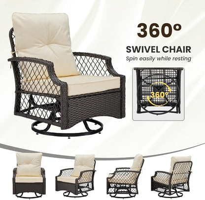 3-Piece Patio Furniture Set, Wicker Outdoor Bistro Set Swivel Glider Patio Chairs x 2 with Cushions, High Back All-Weather Rattan Outdoor Furniture for Porch, Backyard (Beige + Wicker)