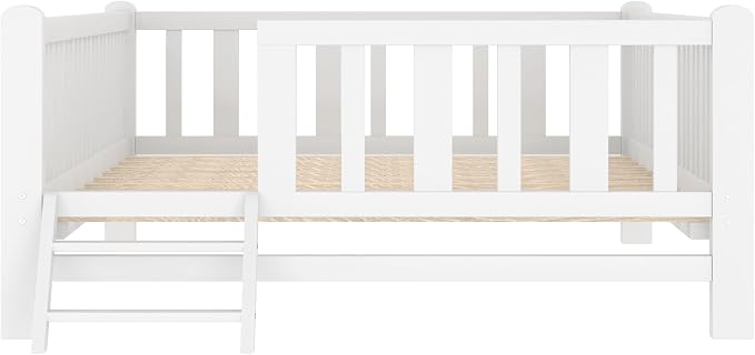 Merax Wood Twin Size Platform Bed with Guardrail, Kids Bed Frame with Stairs, White