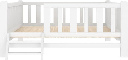 Merax Wood Twin Size Platform Bed with Guardrail, Kids Bed Frame with Stairs, White