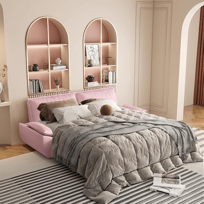 73.2" Sleeper Sofa Bed Queen Size, 3-in-1 Convertible Couch, Modern Pull Out Couches, Comfy Velvet Futon Sofa, Cloud Loveseat Lounge, Pillow Arm for Small Spaces, Living Room, Apartment, Pink