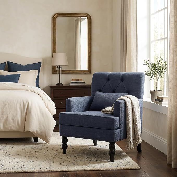 HUIMO Accent Chair for Living Room, Tufted Upholstered Club Chair with Lumbar Pillow, Vintage Reading Armchair with Solid Wood Legs for Bedroom Apartment, Indigo Blue