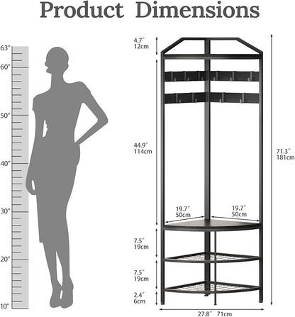 GiftGo Corner Hall Tree with Shoe Bench Entryway Coat Rack with 10 Metal Movable Hooks Freestanding Clothes Rack Shoes Shelf Organizer for Home Office Bedroom (Black)