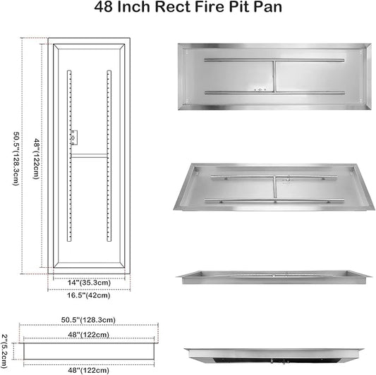 Stanbroil 48 x 14 inch Rectangle Fire Pit Kit with Spark Ignition, Drop-in Natural Gas Firepit Burner for DIY Fire Table Outside Patio Backyard Balcony, Natural Gas Version, 185,000 BTU Max
