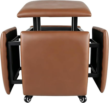 5 in 1 Nesting Ottoman Cube Chair, Stackable Stools, Leather Square Ottoman Bench, Foot Stool with Wheels for Living Room,Dining Room 15.75x15.75x16.54 inches