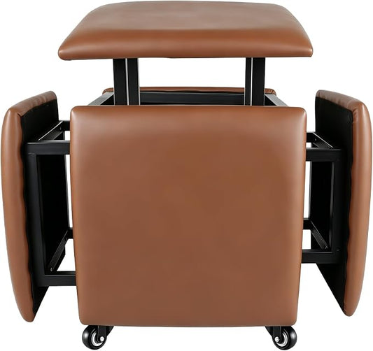 5 in 1 Nesting Ottoman Cube Chair, Stackable Stools, Leather Square Ottoman Bench, Foot Stool with Wheels for Living Room,Dining Room 15.75x15.75x16.54 inches