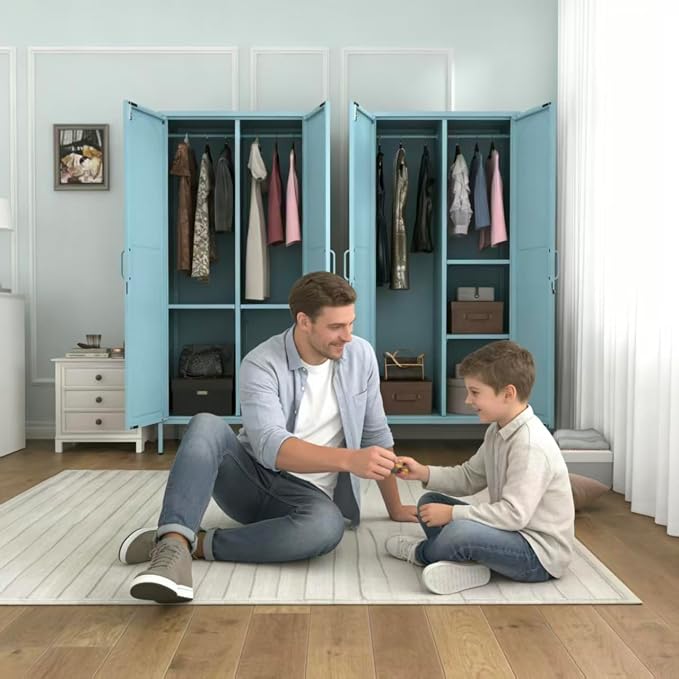 Lockable Metal Wardrobe Closet with Hanging Rod and 3 Adjustable Shelves,67" Metal Storage Cabinet with 2 Doors,Steel Armoire Wardrobe Closet for Bedroom Living Room Cloak Room (Blue)