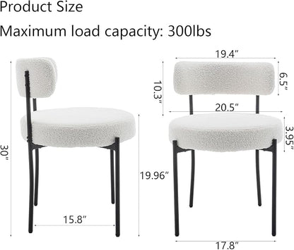 Cinxzar White Boucle Dining Chairs Set of 6, Upholstered Dining Room Chairs with Black Metal Legs, Round Modern Dining Chair for Dining Room, Kitchen