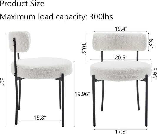 Cinxzar White Boucle Dining Chairs Set of 6, Upholstered Dining Room Chairs with Black Metal Legs, Round Modern Dining Chair for Dining Room, Kitchen