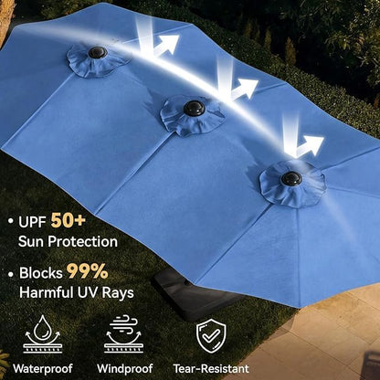 Aoxun 8-Piece Patio Table and Chairs Set & 15ft Patio Umbrella for 6, All Weather Outdoor Dining Set with 6 Textilene Chairs and 1 Rectangular Metal Table for Backyard, Garden, Brown/Blue