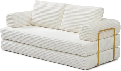 HANXIN 80 Inch Convertible Sleeper Sofa Bed, High Back Plush Corduroy Folding Floor Mattress Couch with Fixed-Shape Frame, Boneless Futon Loveseat with Pull Out Bed, No Assembly Required (Beige)