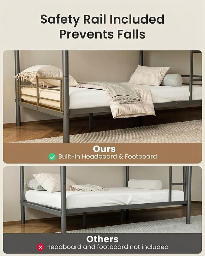 Mixcous Full Over Full Bunk Bed for Adults, Heavy Duty Metal Bunk Bed Frame, Convertible into 2 Full Beds, Noise-Free, Full-Length Guardrails & EVA Padded Ladder, No Box Spring Needed, Black