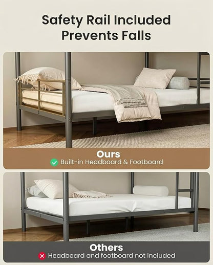 Mixcous Full Over Full Bunk Bed for Adults, Heavy Duty Metal Bunk Bed Frame, Convertible into 2 Full Beds, Noise-Free, Full-Length Guardrails & EVA Padded Ladder, No Box Spring Needed, Black