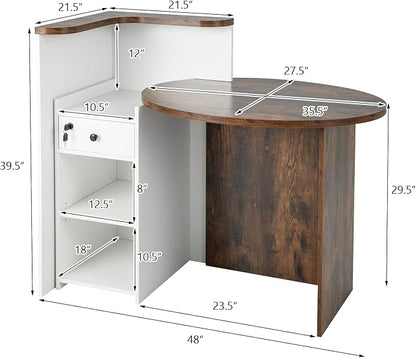 Reception Desk, Retail Checkout Counter w/Lockable Drawer & Open Shelves, Computer Workstation, Small Front Desk Reception Counter for Company Lobby Store Salon Office (Rustic Brown & White)