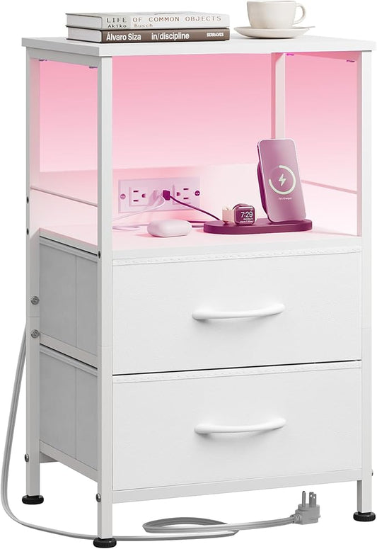 WLIVE White Night Stand with Charging Station, LED Nightstand with 2 Fabric Drawers and Storage Shelf, Dorm Bedside Table End Table with 2 USB Ports and Outlets, Small Dresser for Bedroom